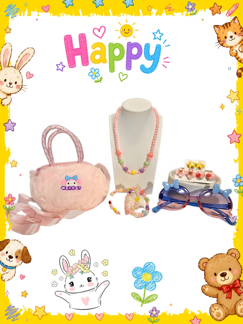 Girls Multicolor Pastel Bead Jewelry Set With Sunglasses & Purse-8 Items